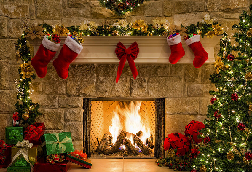 Christmas Fireplace Socks Gift Backdrop