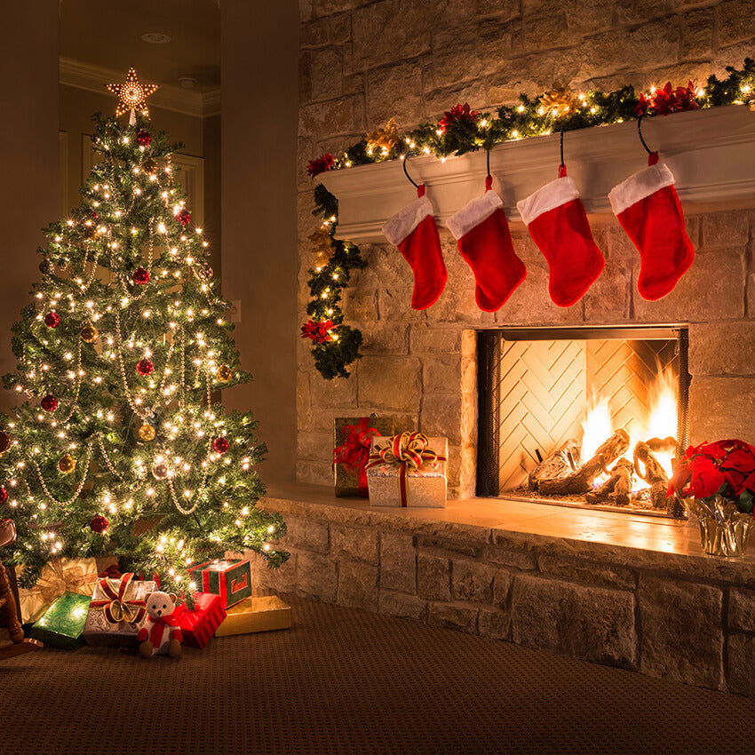 Funkelnder Weihnachtsbaum-Kamin-Hintergrund D955