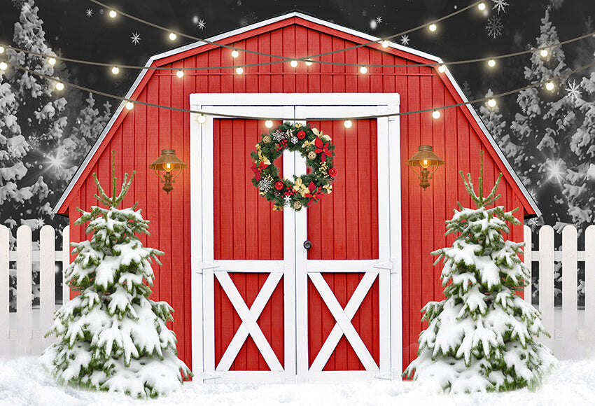 Christmas Outdoor Snow Red Barn Door Backdrop