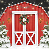 Weihnachtsschnee-roter Scheunentor-Hintergrund im Freien D957