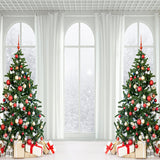 Weihnachtsbaum-Geschenkbox-Fenster-Schnee-Hintergrund D976