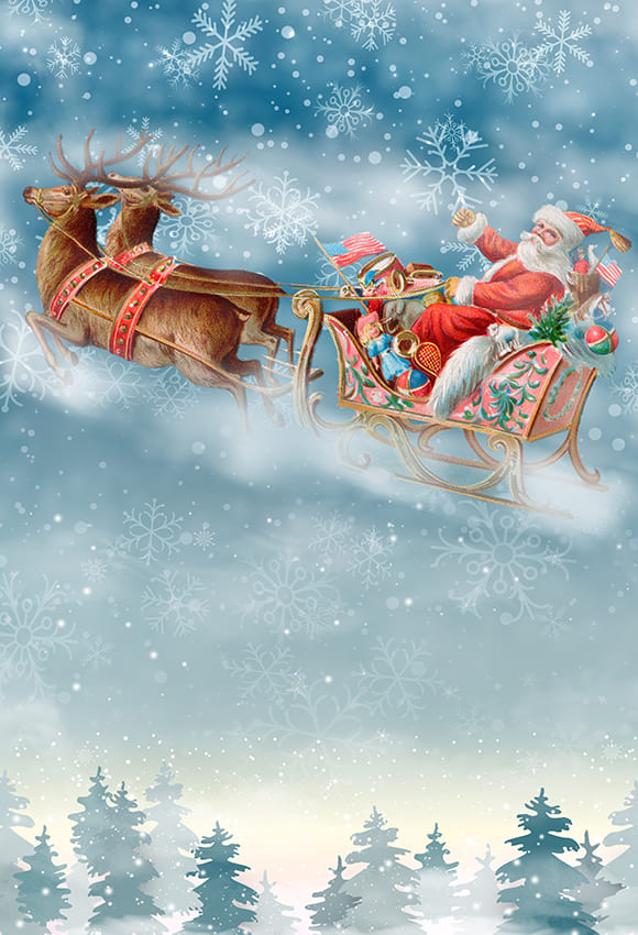Santa Claus in Elk Cart Christmas Backdrop