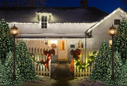 Weihnachtsbäume Licht Weißes Holzhaus Hintergründe G-1438
