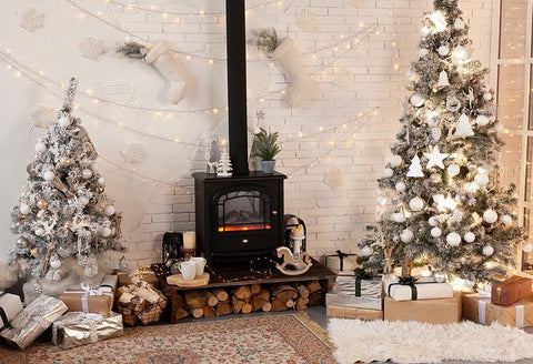 Kamin Weihnachtsbaum Weißes Haus Dekoration Hintergrund GX-1060