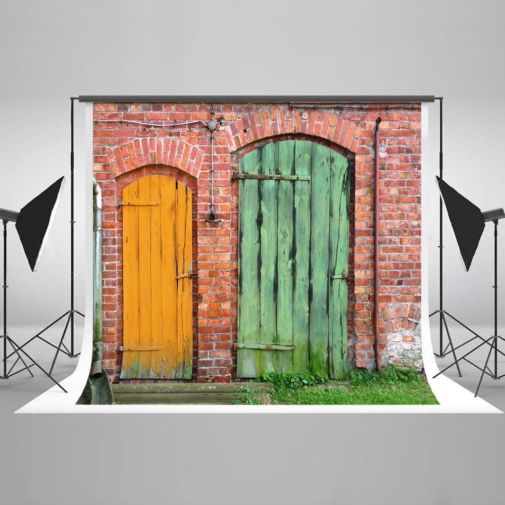 Yellow Green Door Red Brick Wall Backdrop for Photography HJ03168