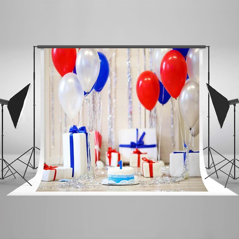 First Birthday Backdrop Balloons Cake Gifts Background HJ04893