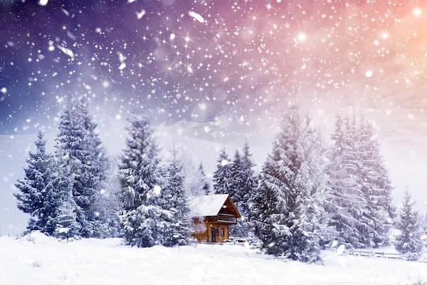 Fairytale Winter Landscape Wooden Cottage Falling Snow Backdrop