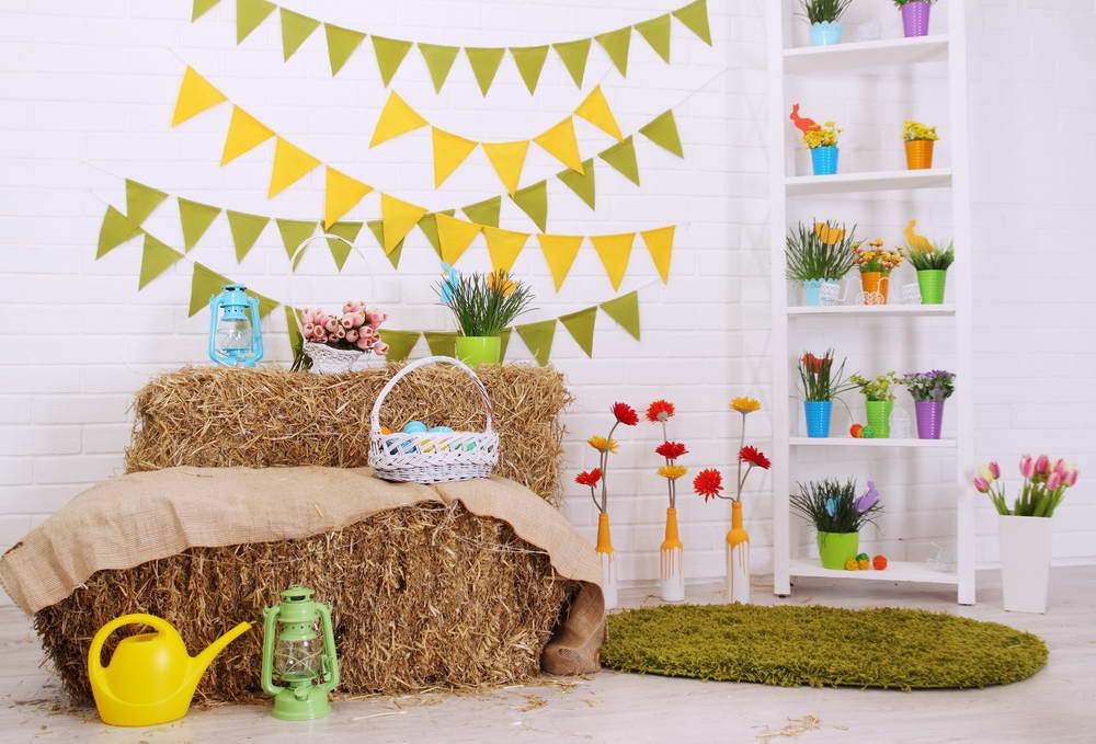 Easter Theme  Indoor Haystacks Flowers Yellow Green Buntings Backdrop for Photography MR-2260