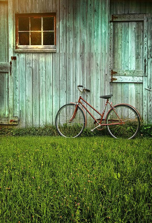 Vintage Wooden Door Bike Green Grass Photo Backdrop S-2637