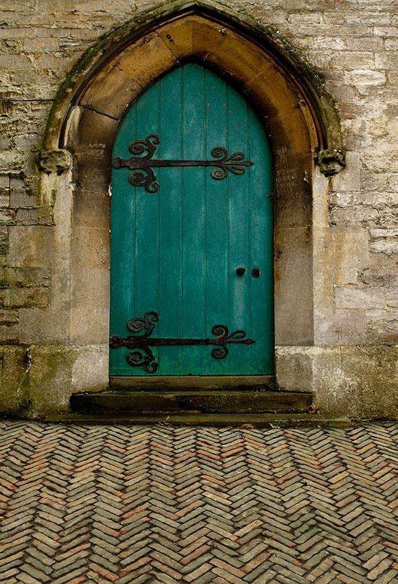 Old Green Door Stone Wall Photo Backdrops S-2642