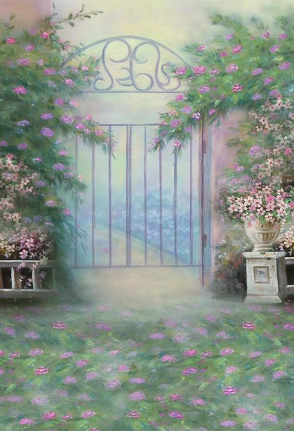 Gate Spring Flower Painting Photography Backdrop S-2977