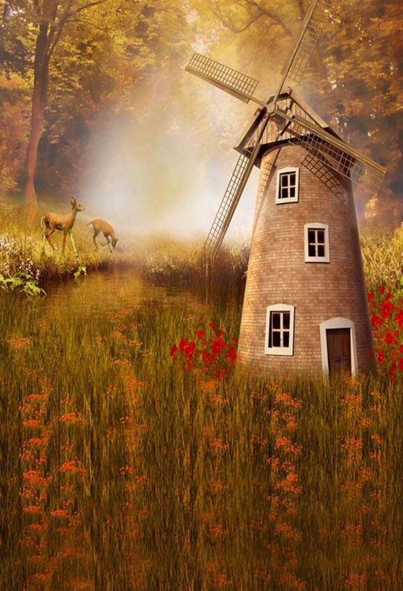 Colorful Autumn Landscape Windmill Deer Photography Backdrop