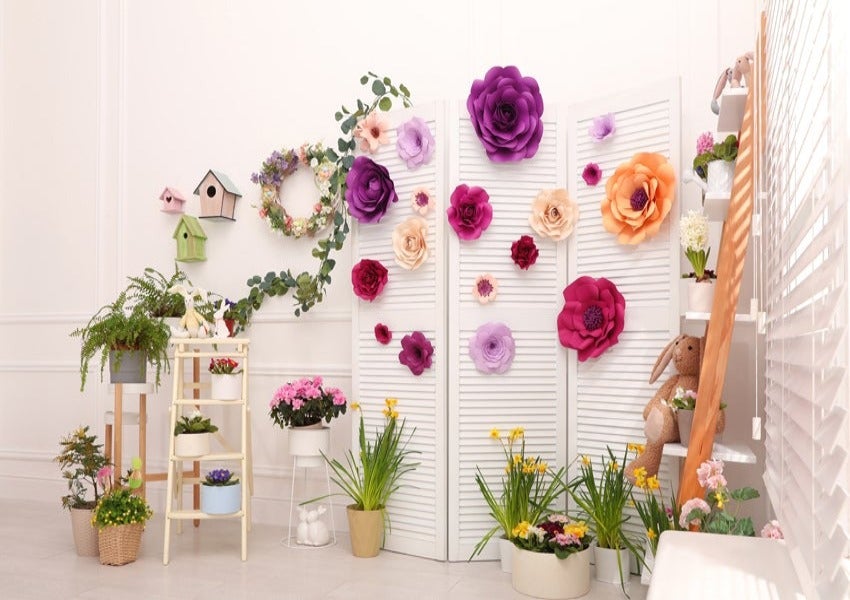 Easter Decorated Room Plants Paper Flowers Photography Backdrop
