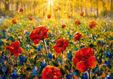 Red Poppies Flower Field Sunrise Forest Landscape Oil Painting Backdrop