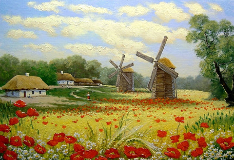 Flower Field Windmill Landscape Painting Backdrop