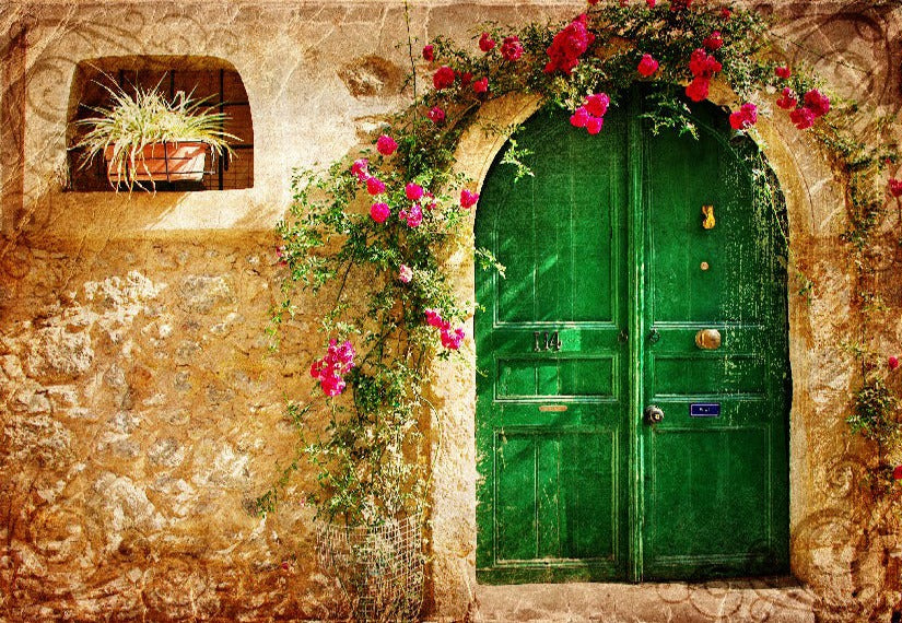 Old Green Door Flower Photo Backdrop
