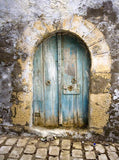 Hellblaue Runde Kleine Holztür Gelber Türrahmen Fotohintergrund KAT-143
