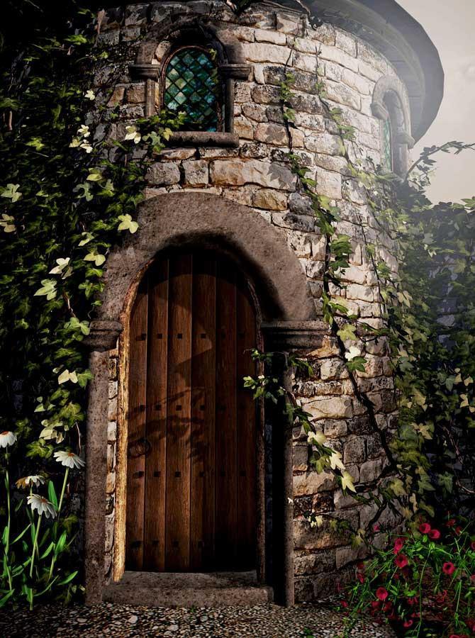 Old Stone Castle Surrounded By Greenery Small Wooden Door For Photo Backdrop KAT-155