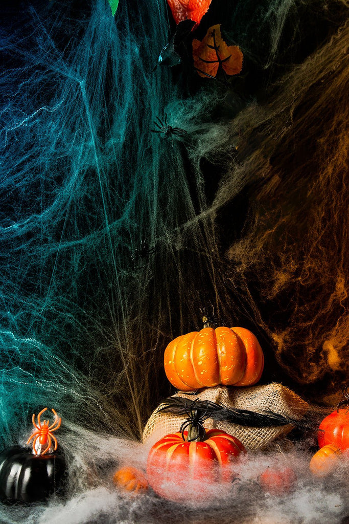 Coiled Spider Silk Background Pumpkin Lanterns Halloween Backdrops IBD-P19144