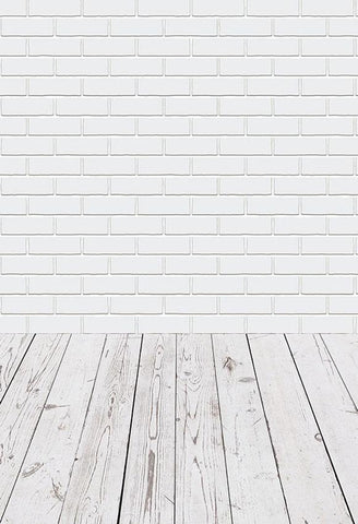 White Brick Wall Wood Floor Photo Booth Backdrop LV-013