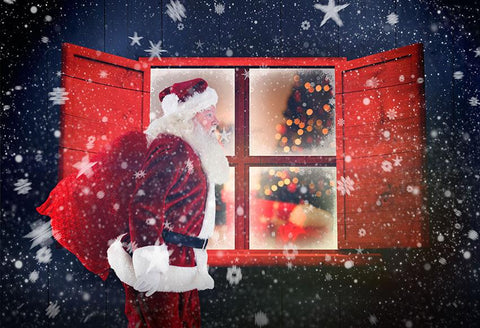 Santa Claus Outside Window Star Snowflake Bokeh Christmas Backdrop
