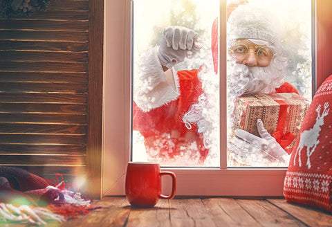 Santa Claus Outside Window Christmas Decor Photography Backdrop