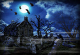 Spooky Night Sky Bat Cemetery Cabin Halloween Backdrop
