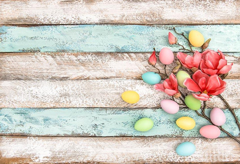 Easter Eggs Red Flower Wood Floor Easter Decorations Photo Backdrop LV-1487