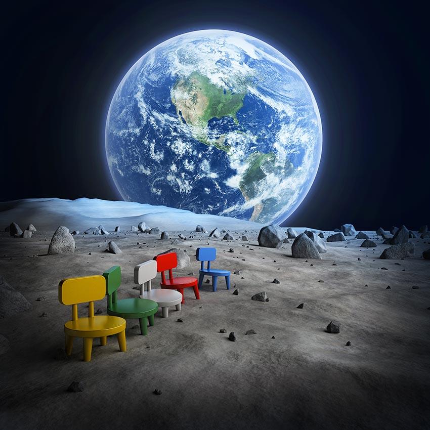 Earth Planet Moon Surface Meteorite Colorful Chairs Backdrop