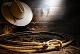 American West Rodeo Lasso Straw Hat Old Wooden Barn Backdrop